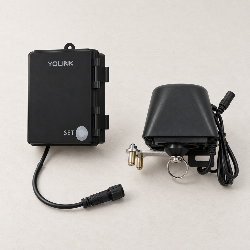 YoLink Water Valve Controller Kit with Ball Valve Manipulator — arranged main components
