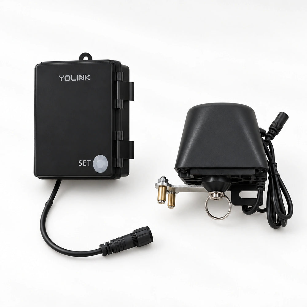 YoLink Water Valve Controller Kit with Ball Valve Manipulator — arranged main components