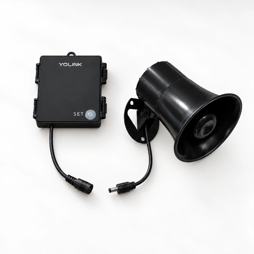 YoLink Outdoor Alarm Controller and 110 dB Siren Kit — arranged main components