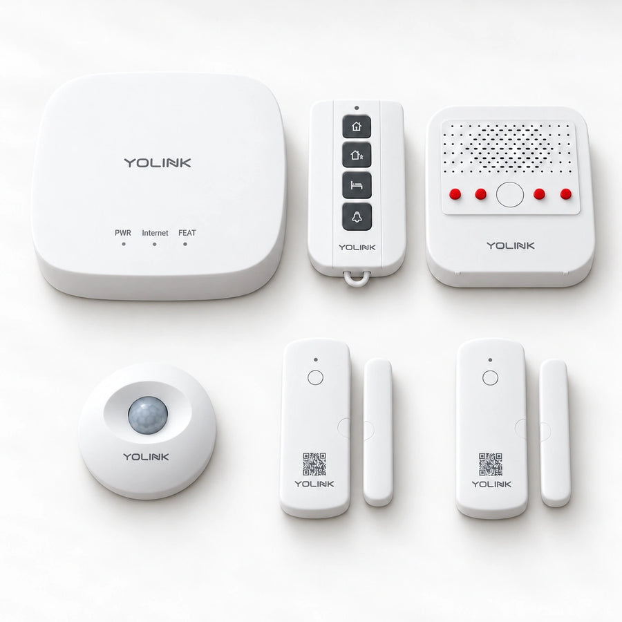 YoLink Home Security Starter Kit — Hub + 2 Door Sensors + Motion Sensor + Siren + AlarmFob — arranged main components