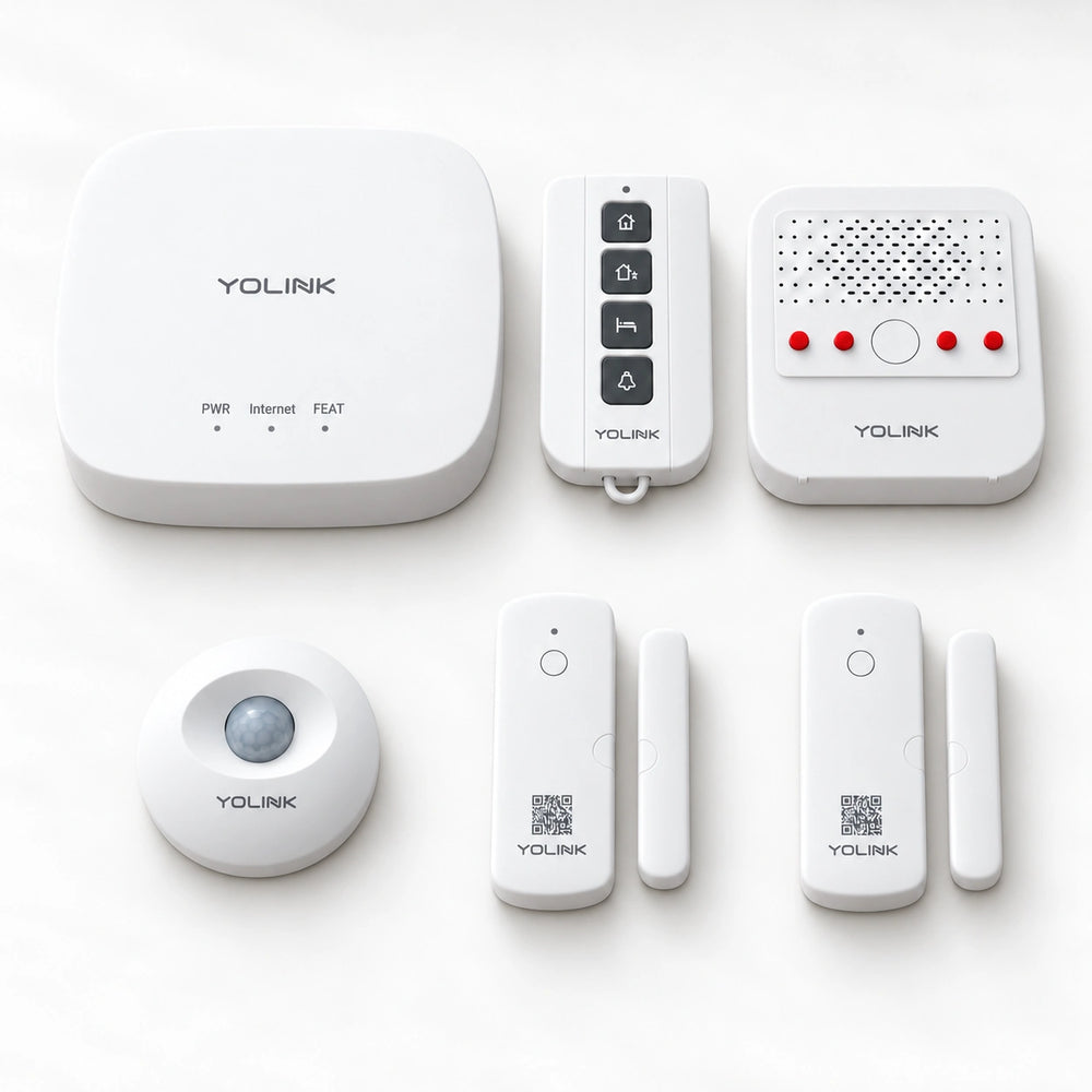 YoLink Home Security Starter Kit — Hub + 2 Door Sensors + Motion Sensor + Siren + AlarmFob — arranged main components