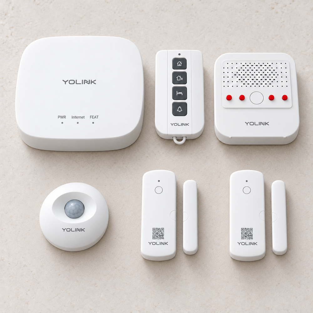 YoLink Home Security Starter Kit — Hub + 2 Door Sensors + Motion Sensor + Siren + AlarmFob — arranged main components