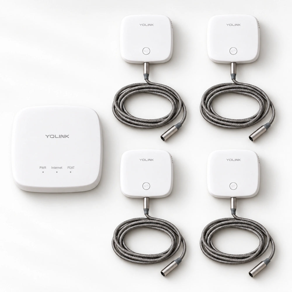 YoLink Water Leak Sensor 2 Starter Kit — arranged main components