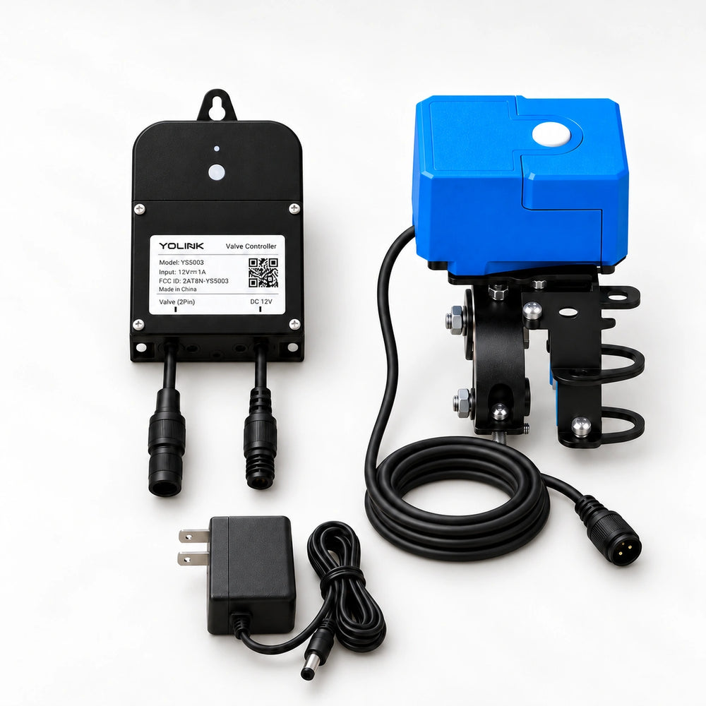 YoLink Valve Controller 2 Kit with Bulldog Valve Robot — arranged main components