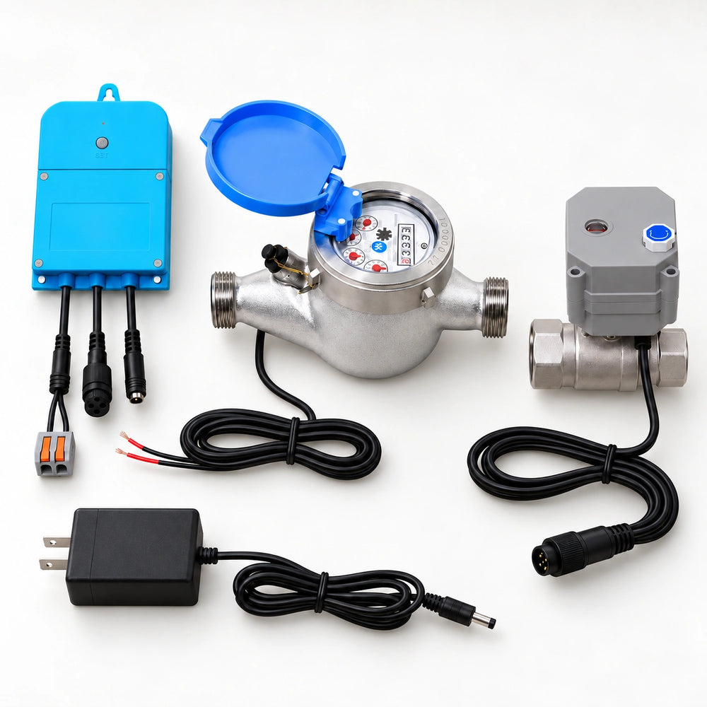 YoLink FlowSmart Control Kit with Meter & Motorized Valve — arranged main components