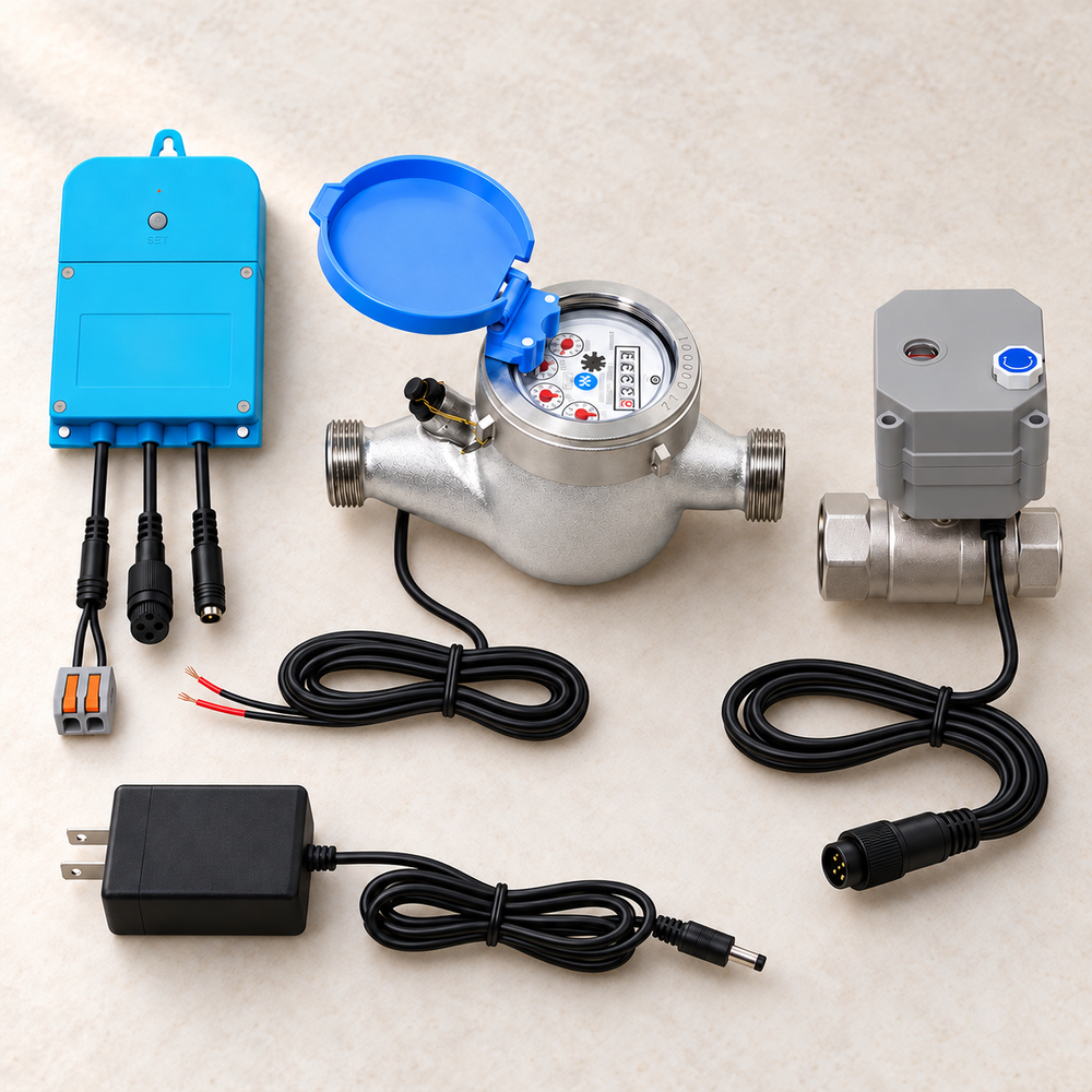 YoLink FlowSmart Control Kit with Meter & Motorized Valve — arranged main components