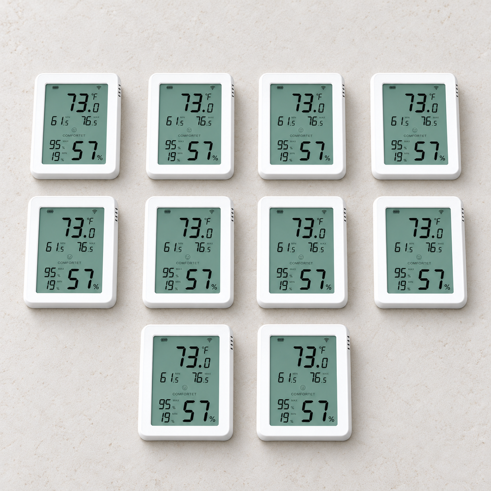 YoLink Indoor Hygrometer Thermometer YS8023, 10-Pack — arranged main components