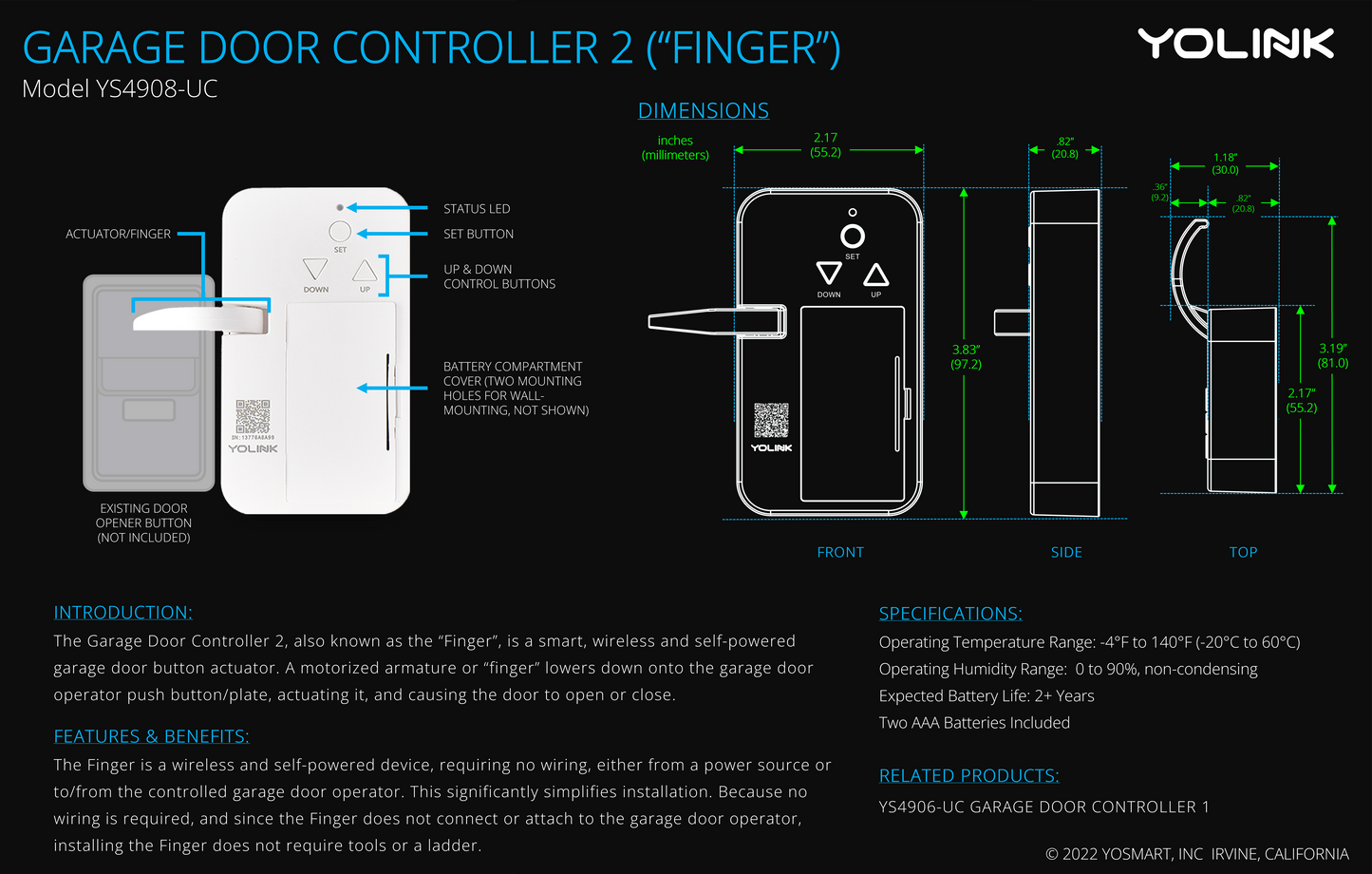 YoLink Finger: Universal Garage Door Controller,  YoLink Hub Required