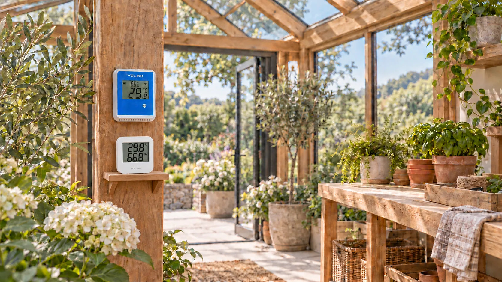 Outdoor temperature and humidity display mounted on a conservatory post above a distinct indoor temperature and humidity display on a sheltered shelf