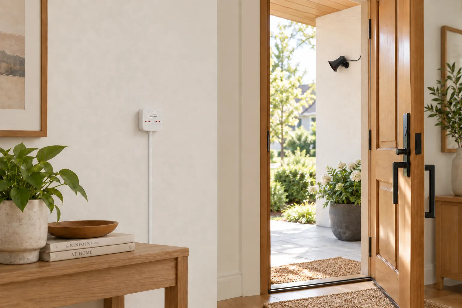 Indoor siren and an outdoor alarm facing away from the home