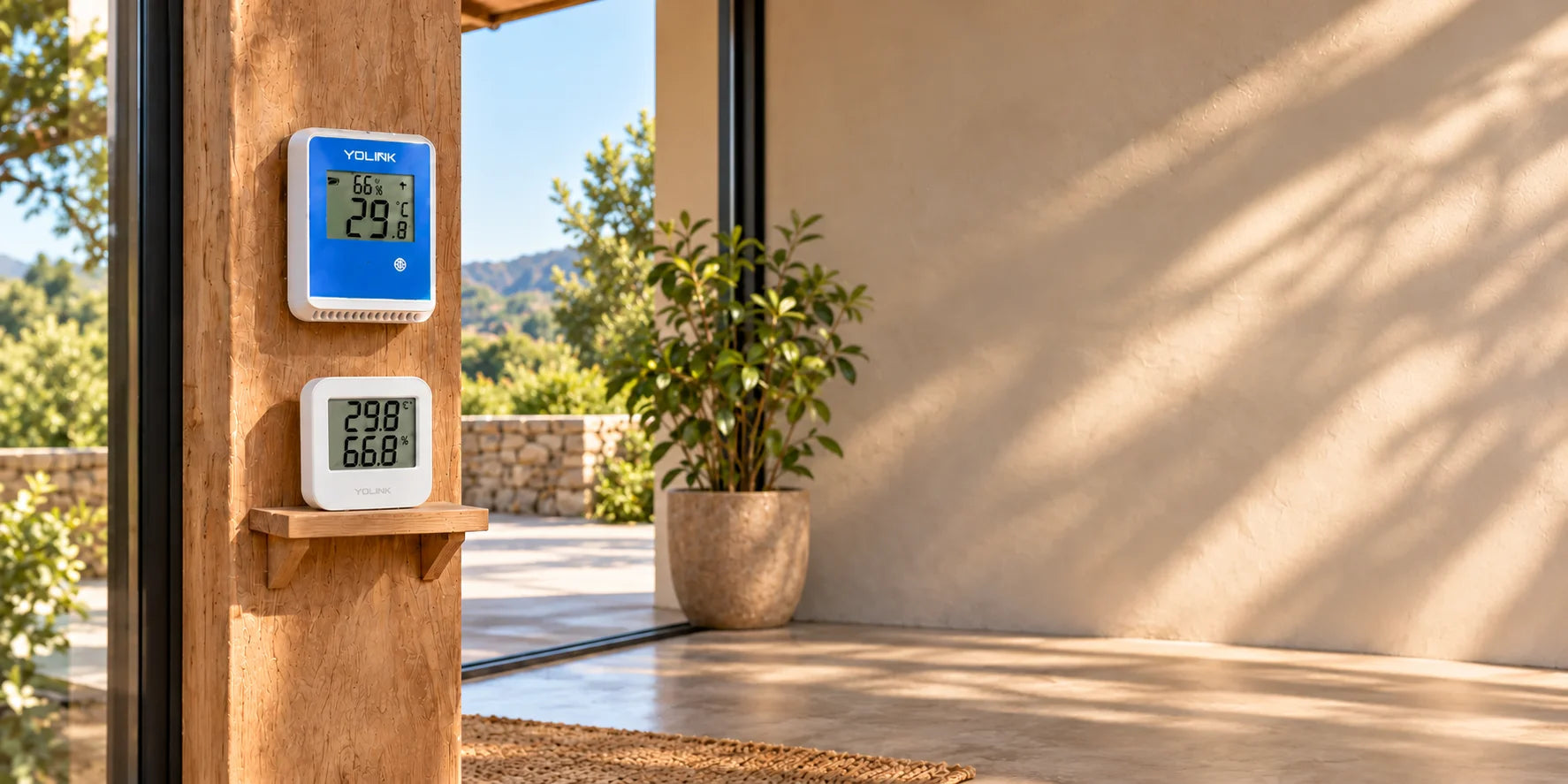 Blue outdoor temperature and humidity display on an oak post above a white indoor display, beside a sunlit doorway and a leafy plant