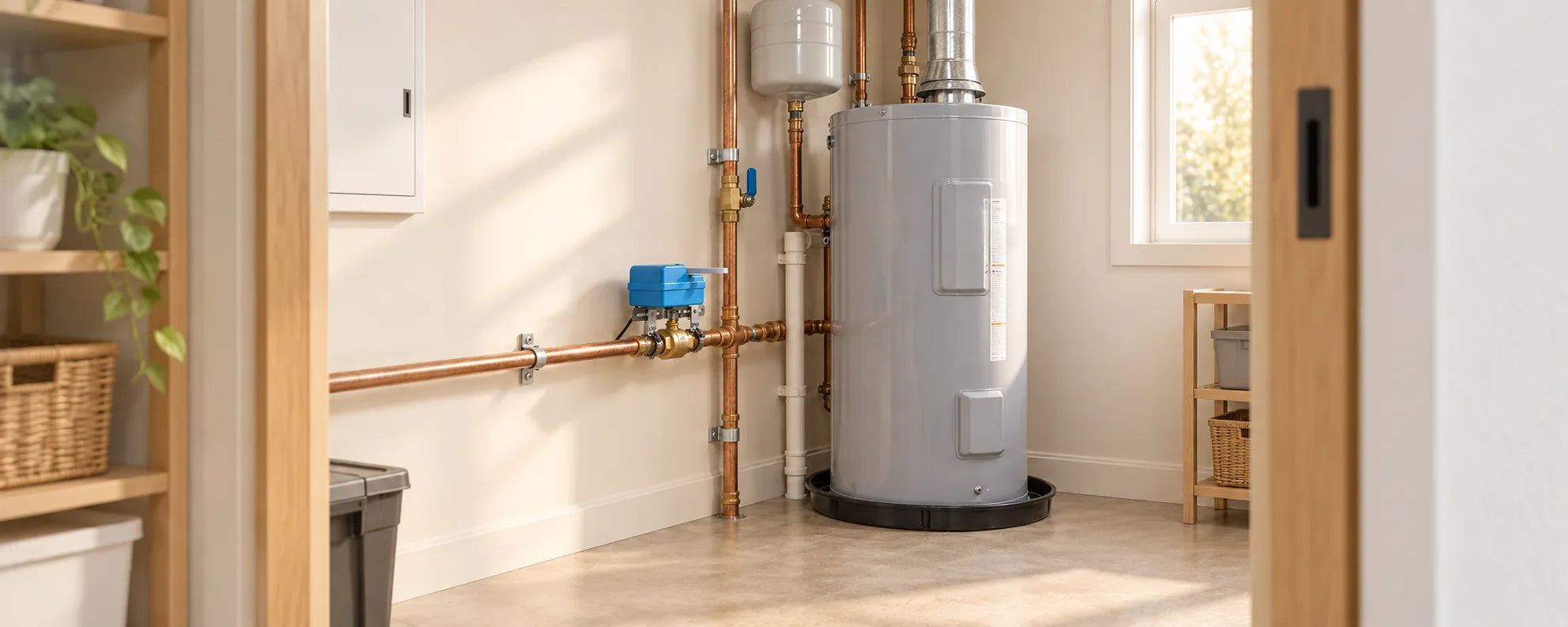 Valve operator mounted on a household water pipe in a bright utility room