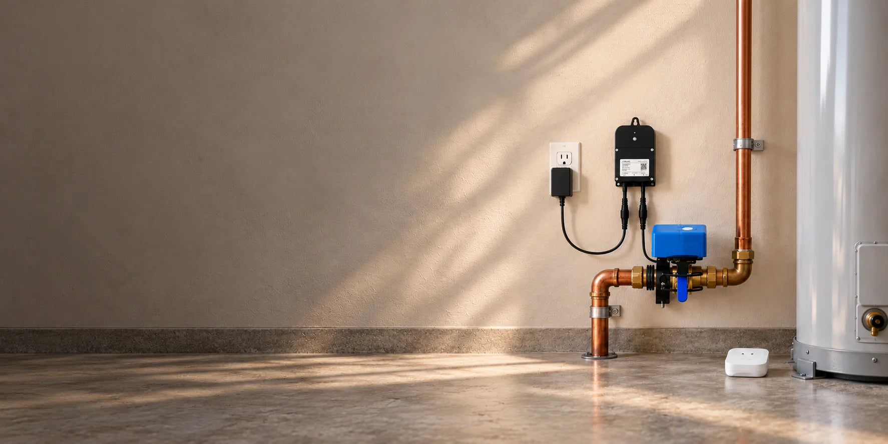 Leak sensor on the floor beside a water heater, with a blue valve operator on the incoming water pipe and its wired controller above
