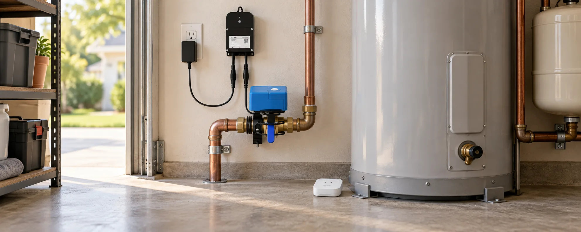 Leak sensor on the floor beside a water heater, with a blue valve operator on the incoming water pipe and its wired controller above