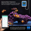 Aquarium with clownfish, Yolink temperature sensor, and smartphone app on a dark background