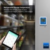 Yolink temperature monitoring device on a commercial cooler  with a tablet showing temperature data.