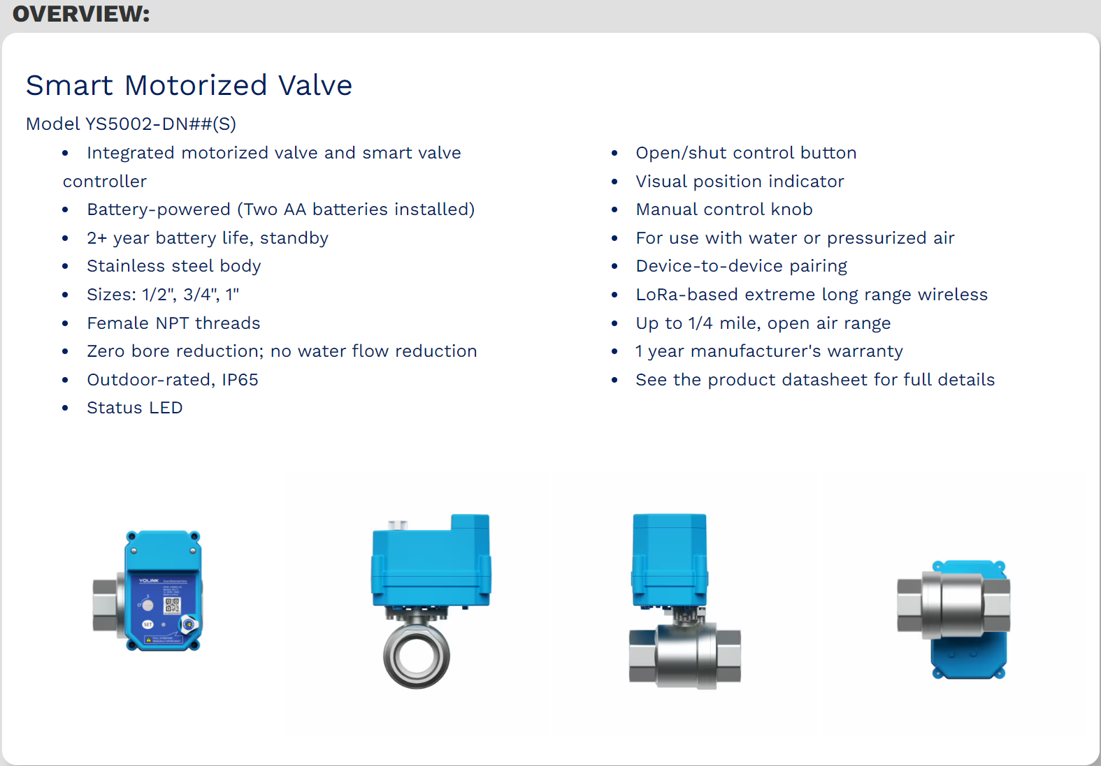 YS5002 Smart Motorized Valve overview with a feature list and four device views