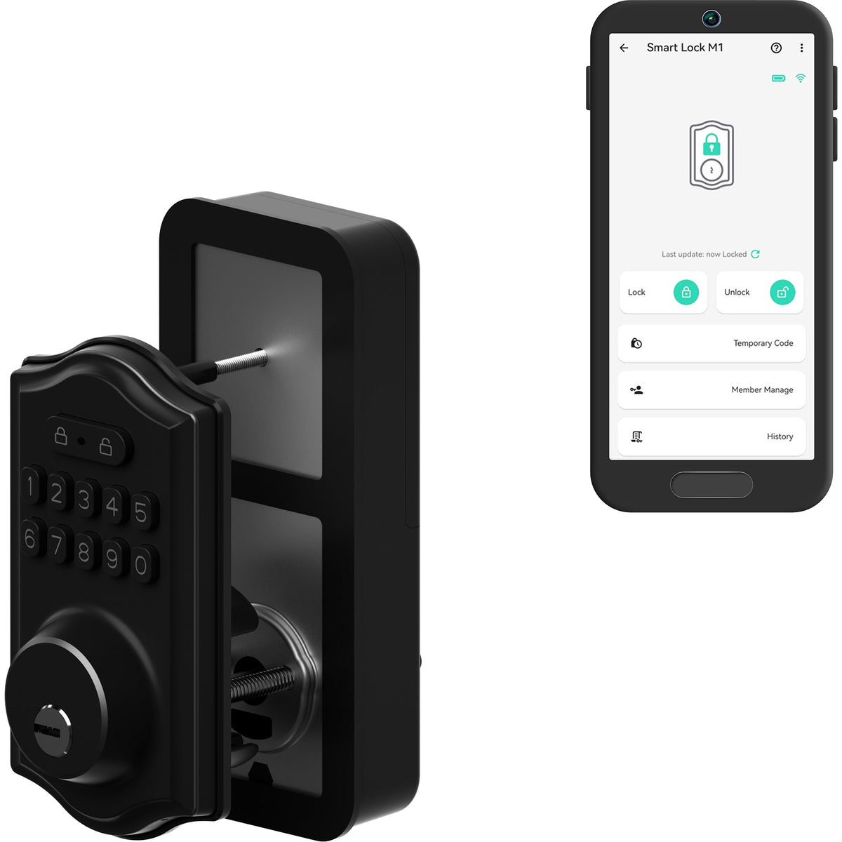 Black YoLink keypad deadbolt with exterior and interior units