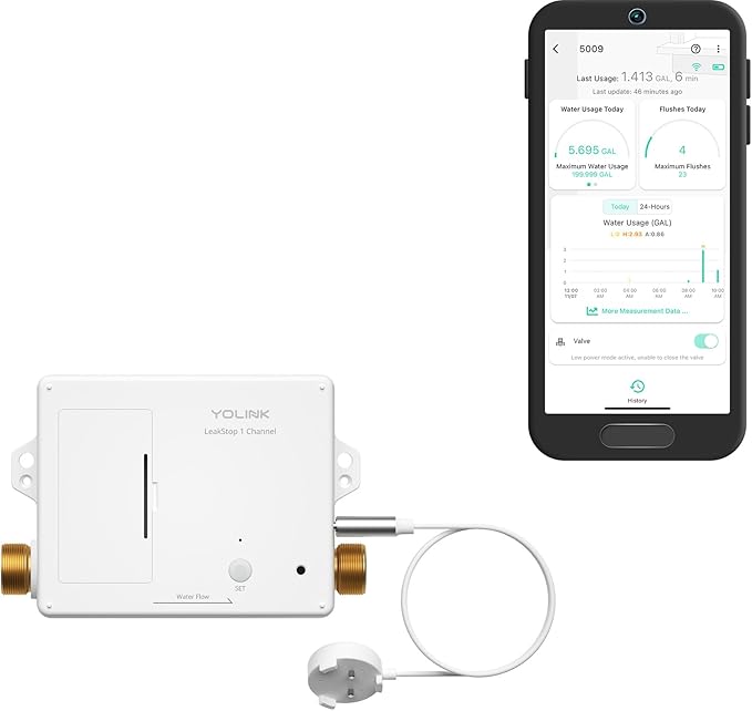 LeakStop 1 Channel Leak Detector, Stops Running Water in Home, Office, or Apartment Toilets & Sinks, Auto Shutoff Valve, Prevents Water Waste, Real-Time Monitoring, Hub Required