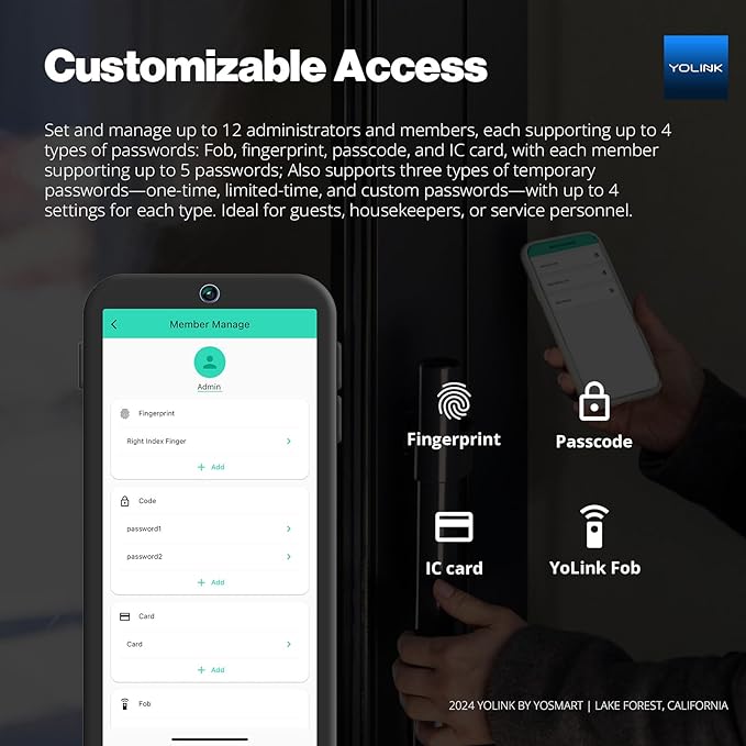 YoLink Smart Deadbolt Lock with Fingerprint, Keypad, IC Card, YoLink Fob and YoLink App Control – LoRa Long Range, Alexa, Google, IFTTT and Home Assistant – YoLink Hub Required