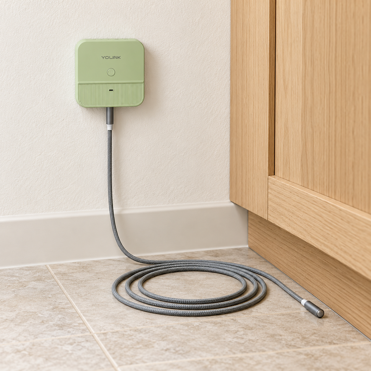 YoLink Water Leak Sensor 6 in a dry utility-room setting with its sensing rope resting along the floor