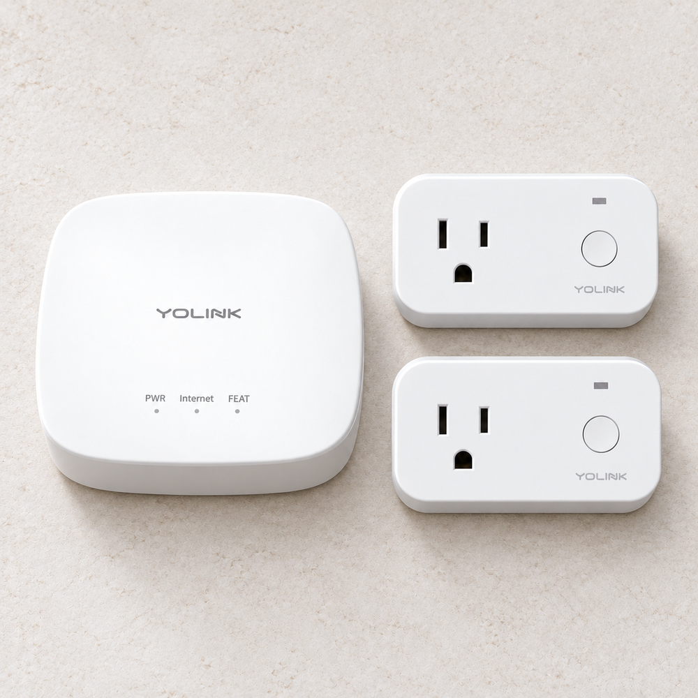 YoLink Smart Plug with Power Monitoring Starter Kit — Hub + 2 Smart Plugs — arranged main components