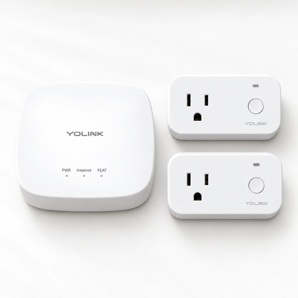 YoLink Smart Plug with Power Monitoring Starter Kit — Hub + 2 Smart Plugs — arranged main components