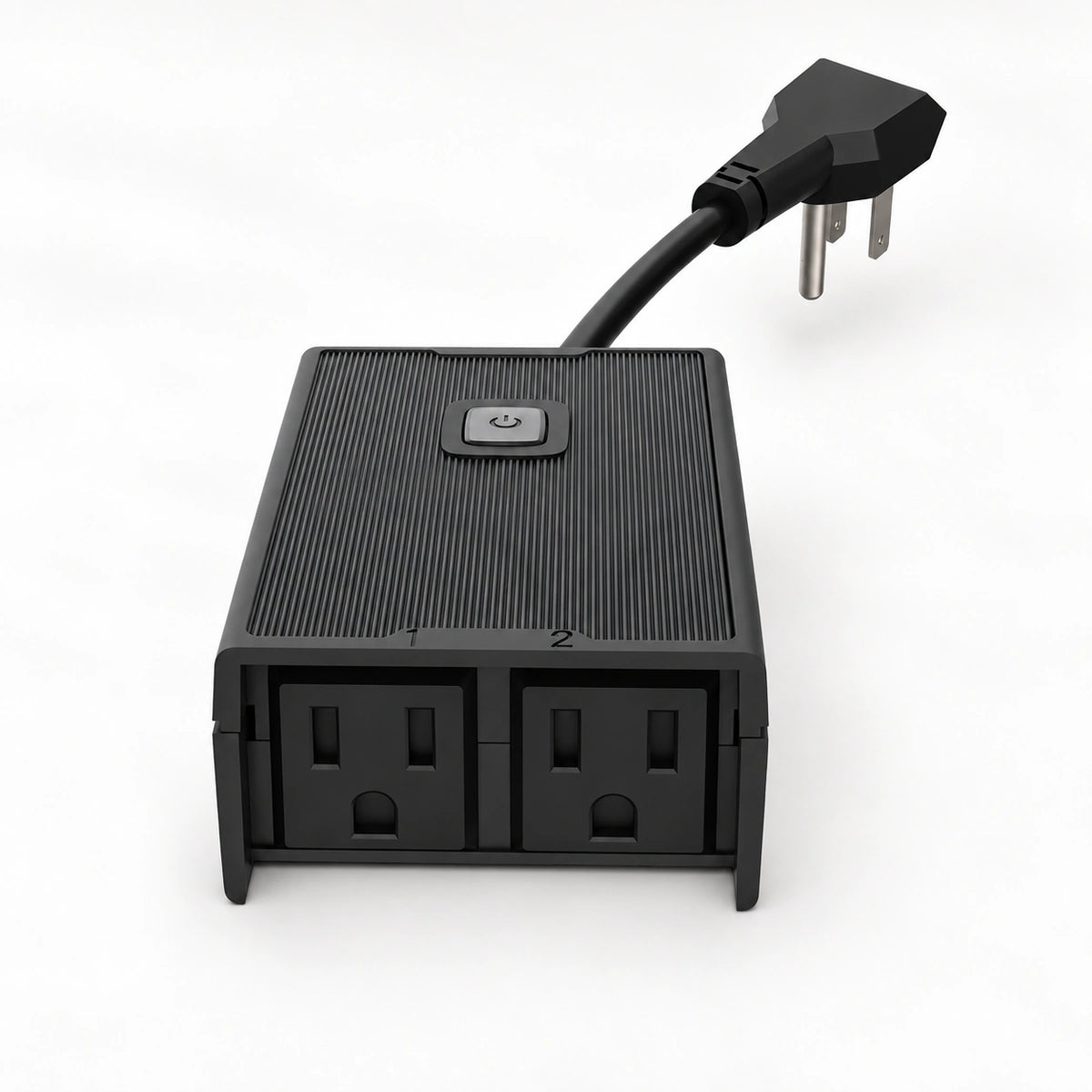 YoLink Outdoor Plug with Two Independent Outlets — product-only photograph on smooth neutral off-white with soft diffused daylight shadows