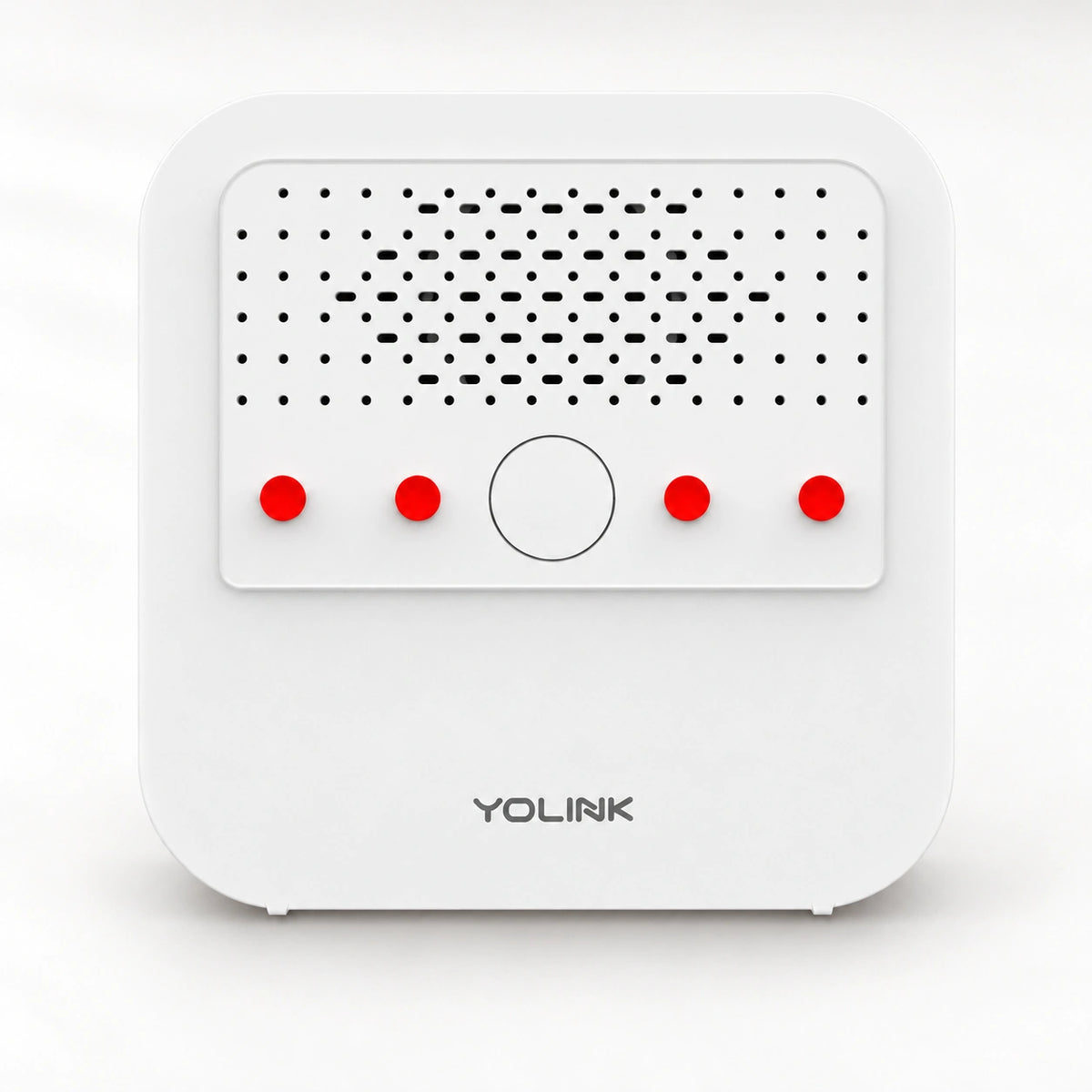 YoLink Indoor Siren Alarm — product-only photograph on smooth neutral off-white with soft diffused daylight shadows