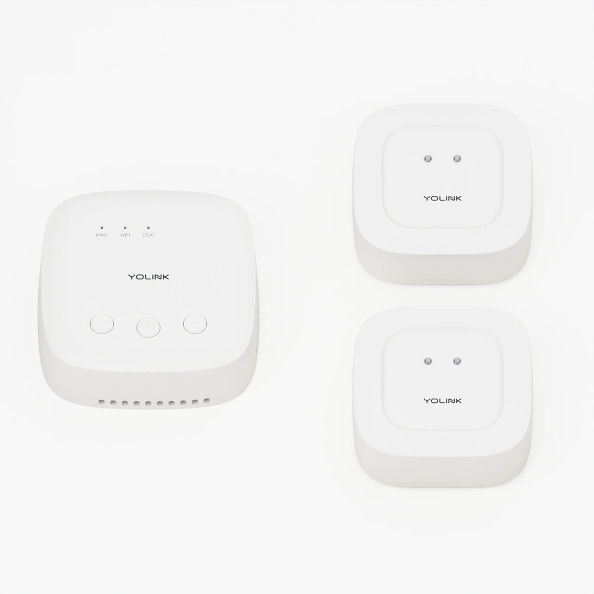 YoLink Water Leak Sensor 1 Starter Kit — product-only photograph on smooth neutral off-white with soft diffused daylight shadows
