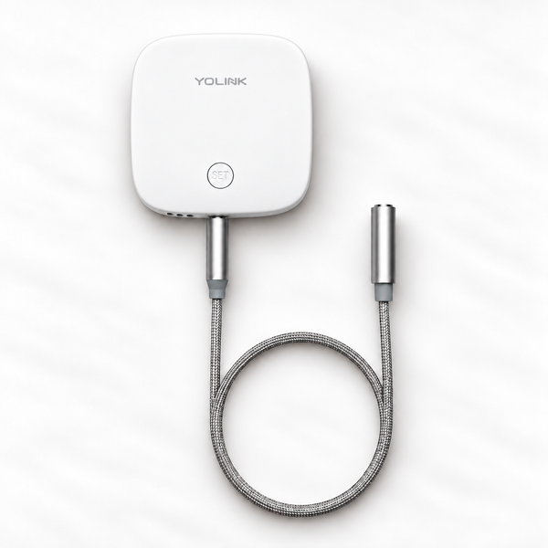 YoLink Water Leak Sensor 2 — Single sensor; front-facing slightly elevated view with fine grey sensing rope on neutral off-white