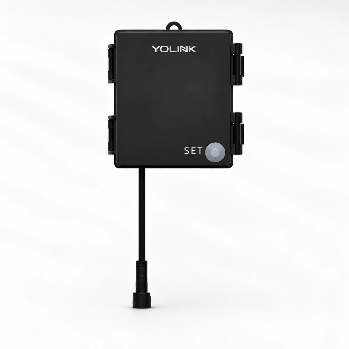 YoLink Outdoor Relay & Alarm Controller Only — product-only photograph on smooth neutral off-white with soft diffused daylight shadows