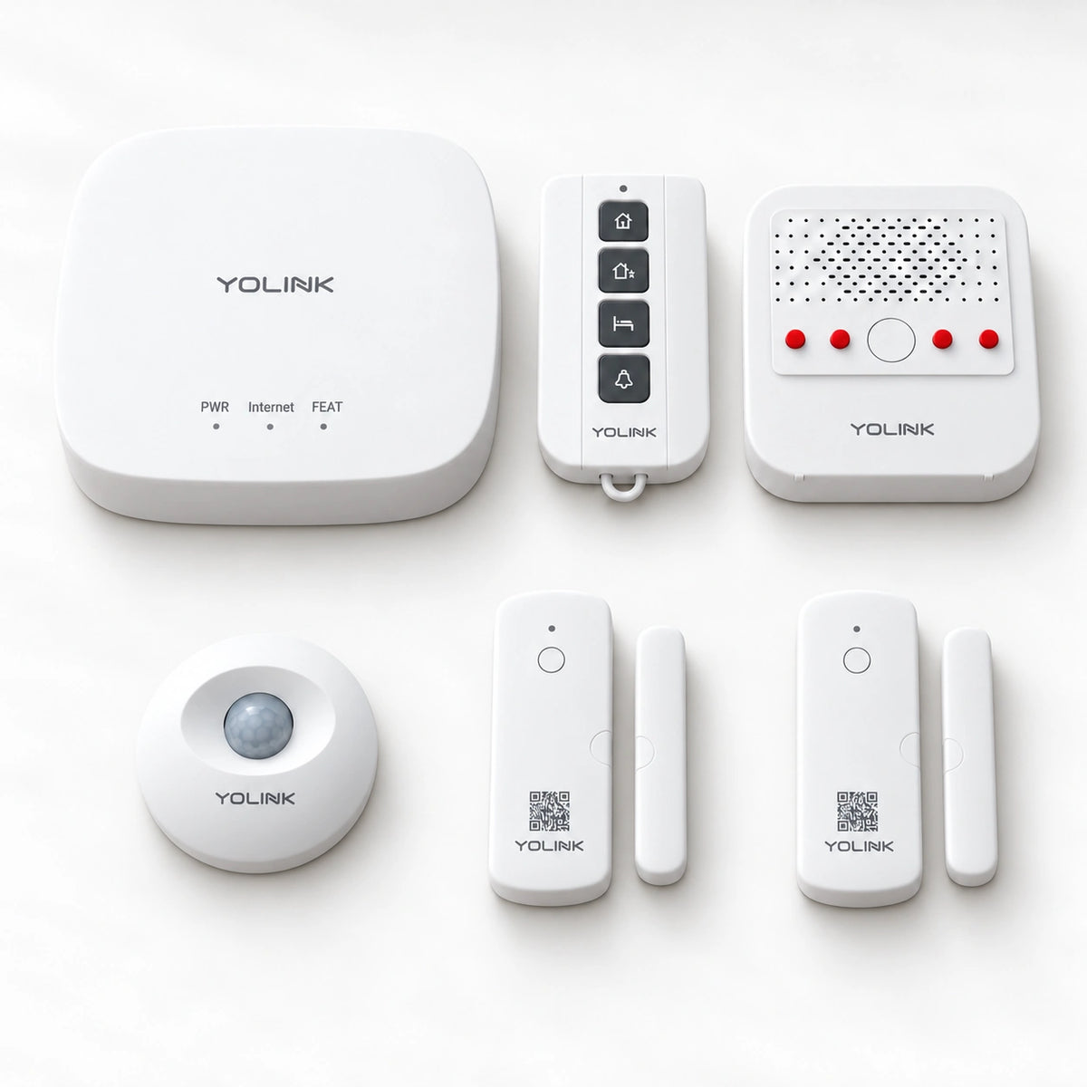 YoLink Home Security Starter Kit — Hub + 2 Door Sensors + Motion Sensor + Siren + AlarmFob — product-only photograph on smooth neutral off-white with soft diffused daylight shadows