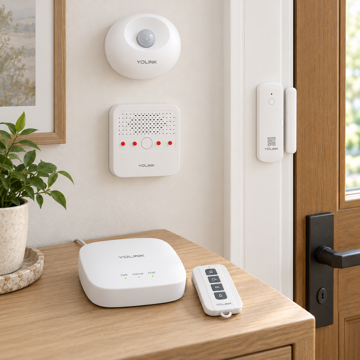 YoLink Home Security Starter Kit — Hub + 2 Door Sensors + Motion Sensor + Siren + AlarmFob — representative natural-use view