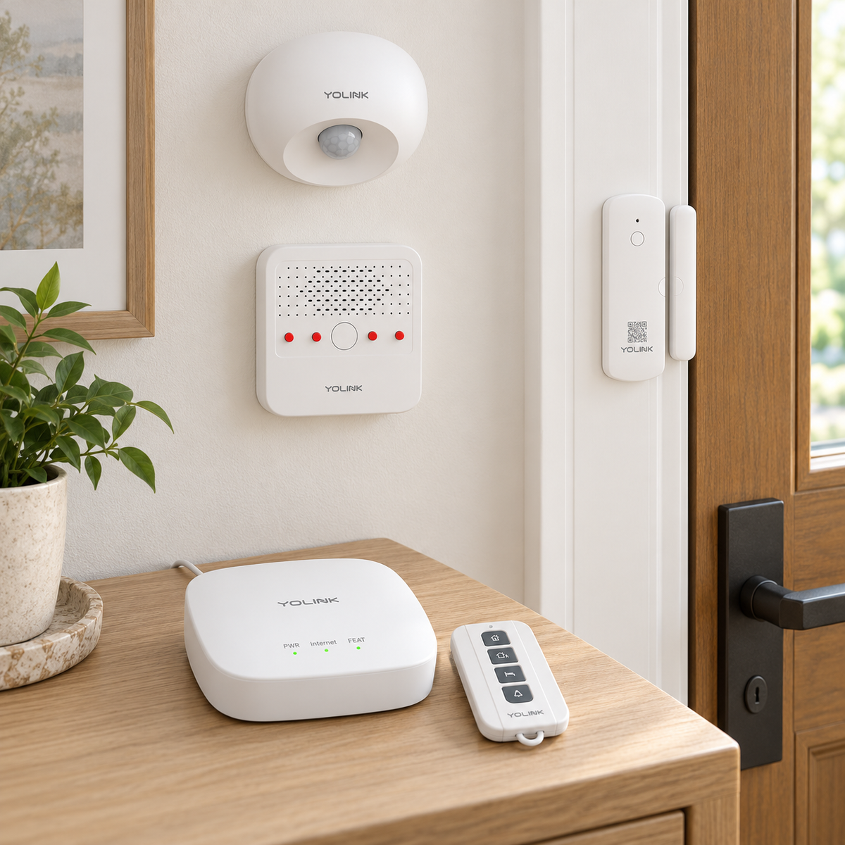YoLink Home Security Starter Kit — Hub + 2 Door Sensors + Motion Sensor + Siren + AlarmFob — representative natural-use view