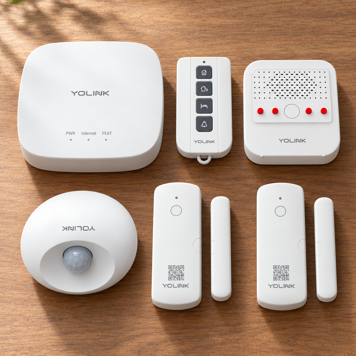 YoLink Home Security Starter Kit — Hub + 2 Door Sensors + Motion Sensor + Siren + AlarmFob — arranged main components
