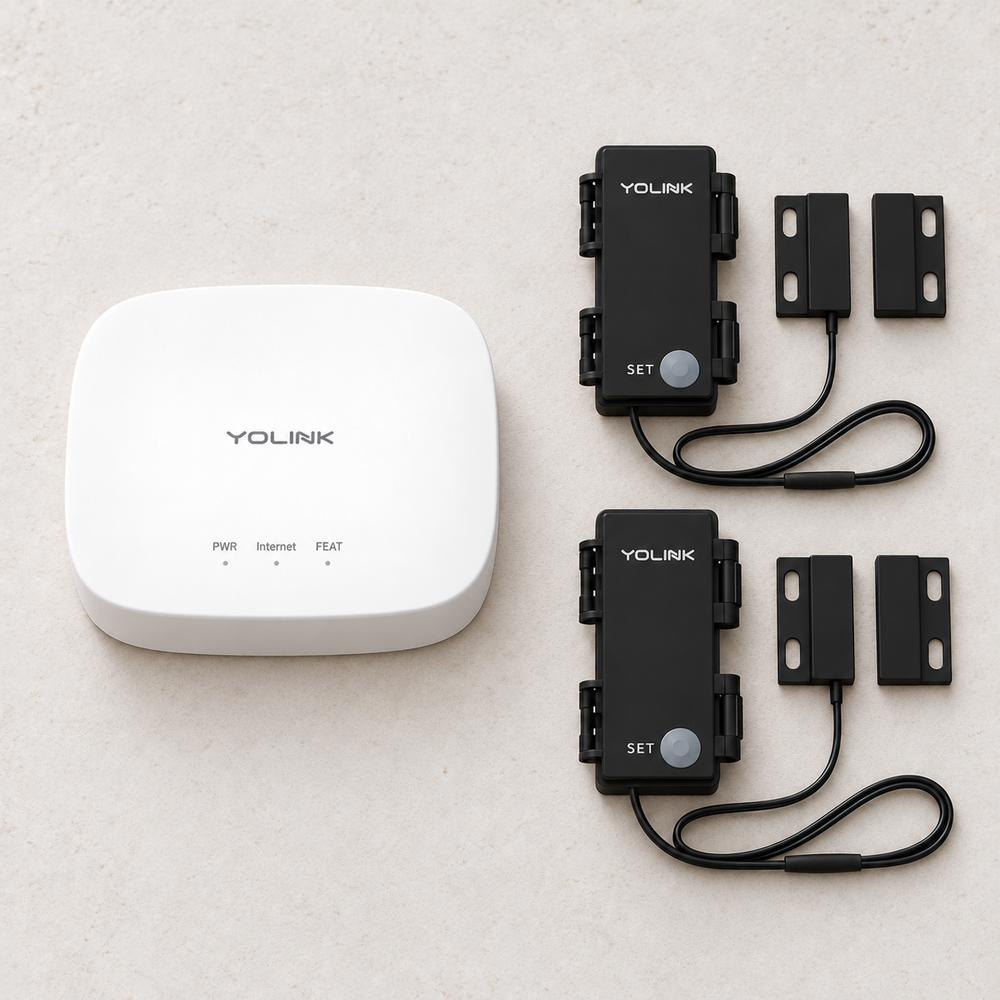 YoLink Outdoor Contact Sensor Starter Kit — Hub + 2 Sensors — arranged main components