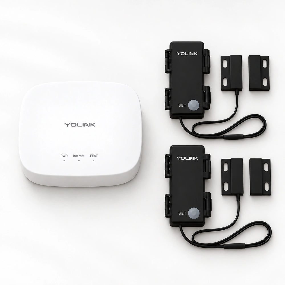 YoLink Outdoor Contact Sensor Starter Kit — Hub + 2 Sensors — arranged main components