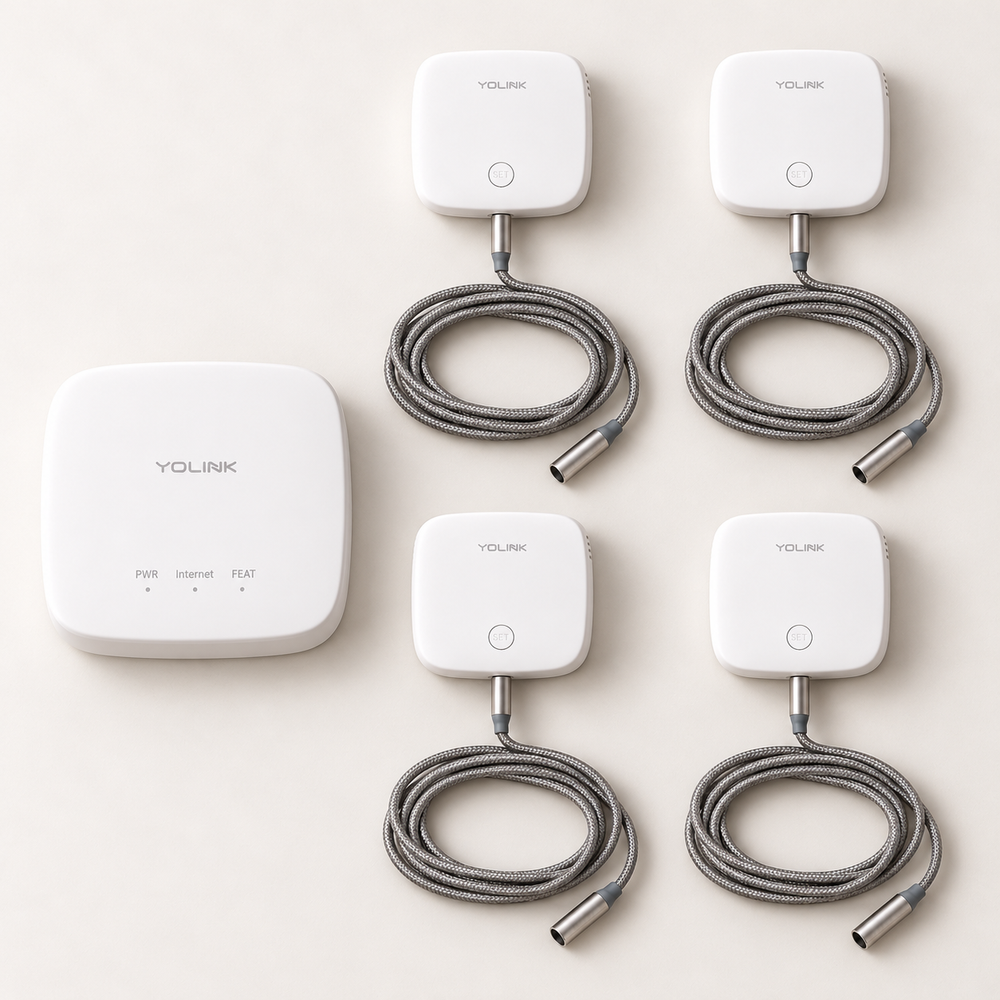 YoLink Water Leak Sensor 2 Starter Kit — arranged main components