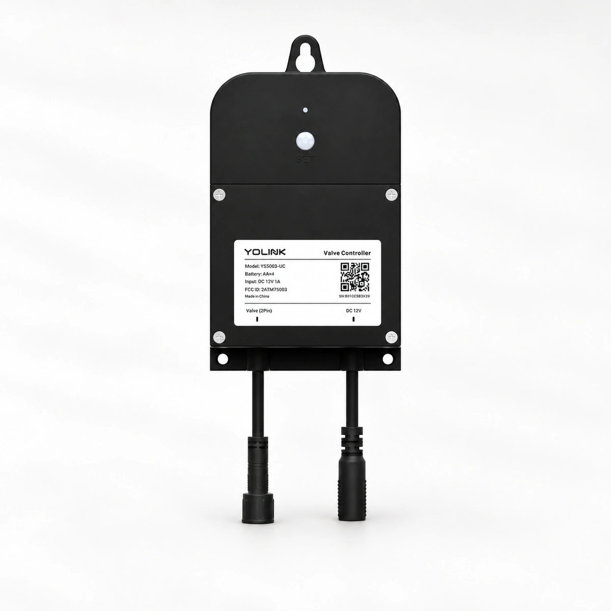 YoLink Water Valve Controller 2 — product-only photograph on smooth neutral off-white with soft diffused daylight shadows