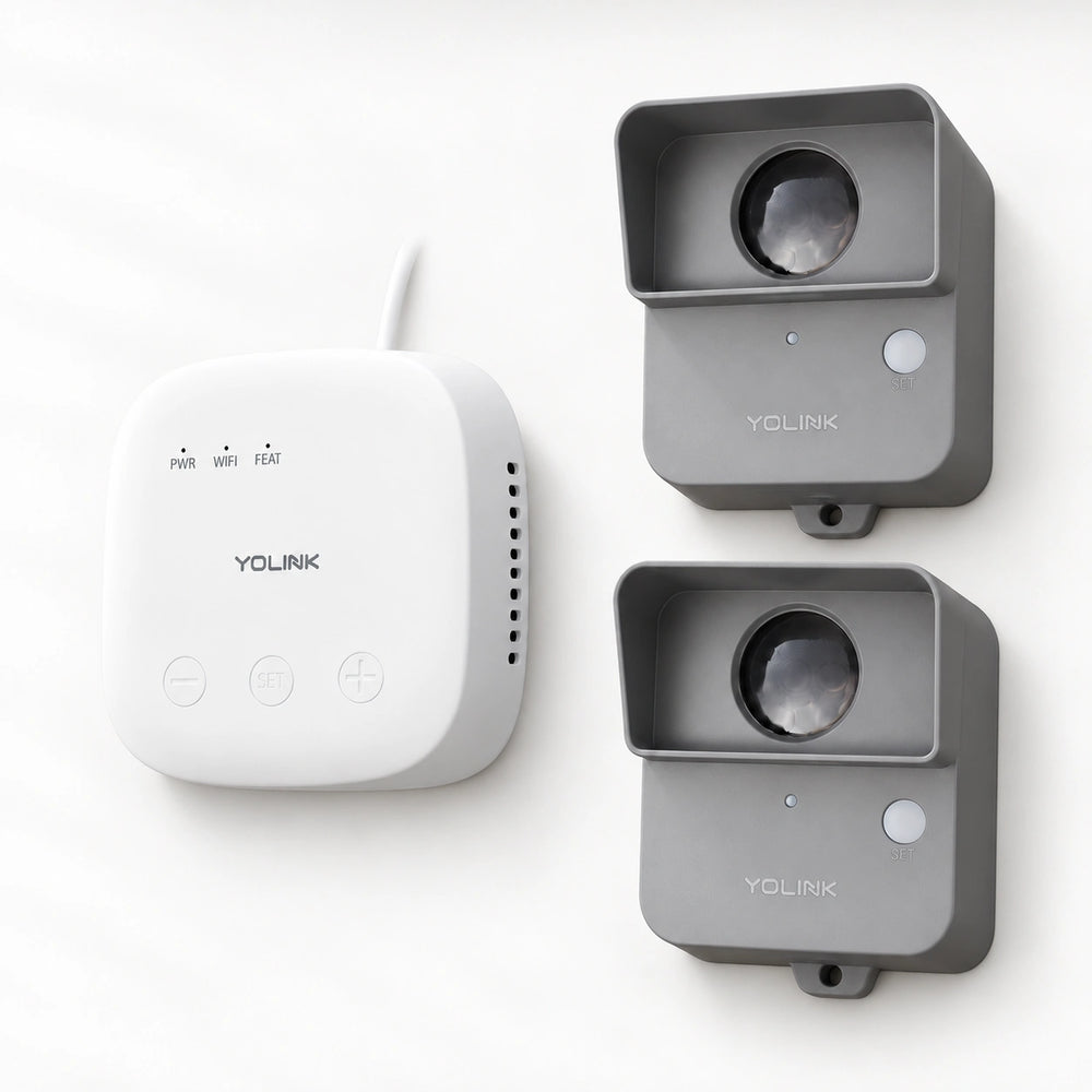 YoLink Outdoor Motion Sensor Starter Kit — SpeakerHub + 2 Sensors — arranged main components