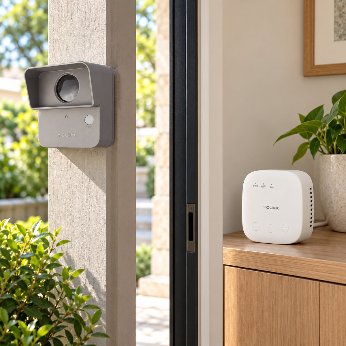 YoLink Outdoor Motion Sensor Starter Kit — SpeakerHub + 2 Sensors — representative natural-use view