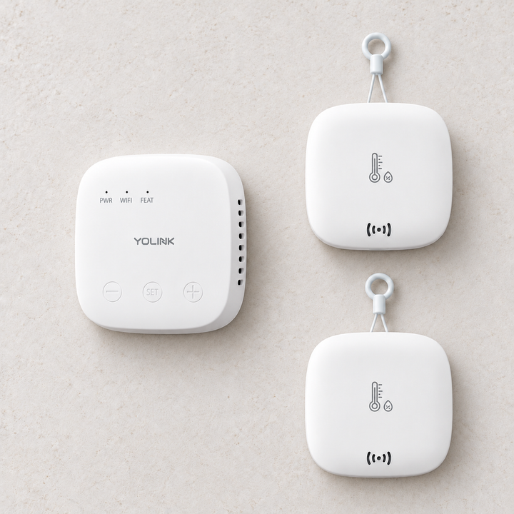 YoLink Weatherproof Temperature & Humidity Sensor Starter Kit — SpeakerHub + 2 Sensors — arranged main components