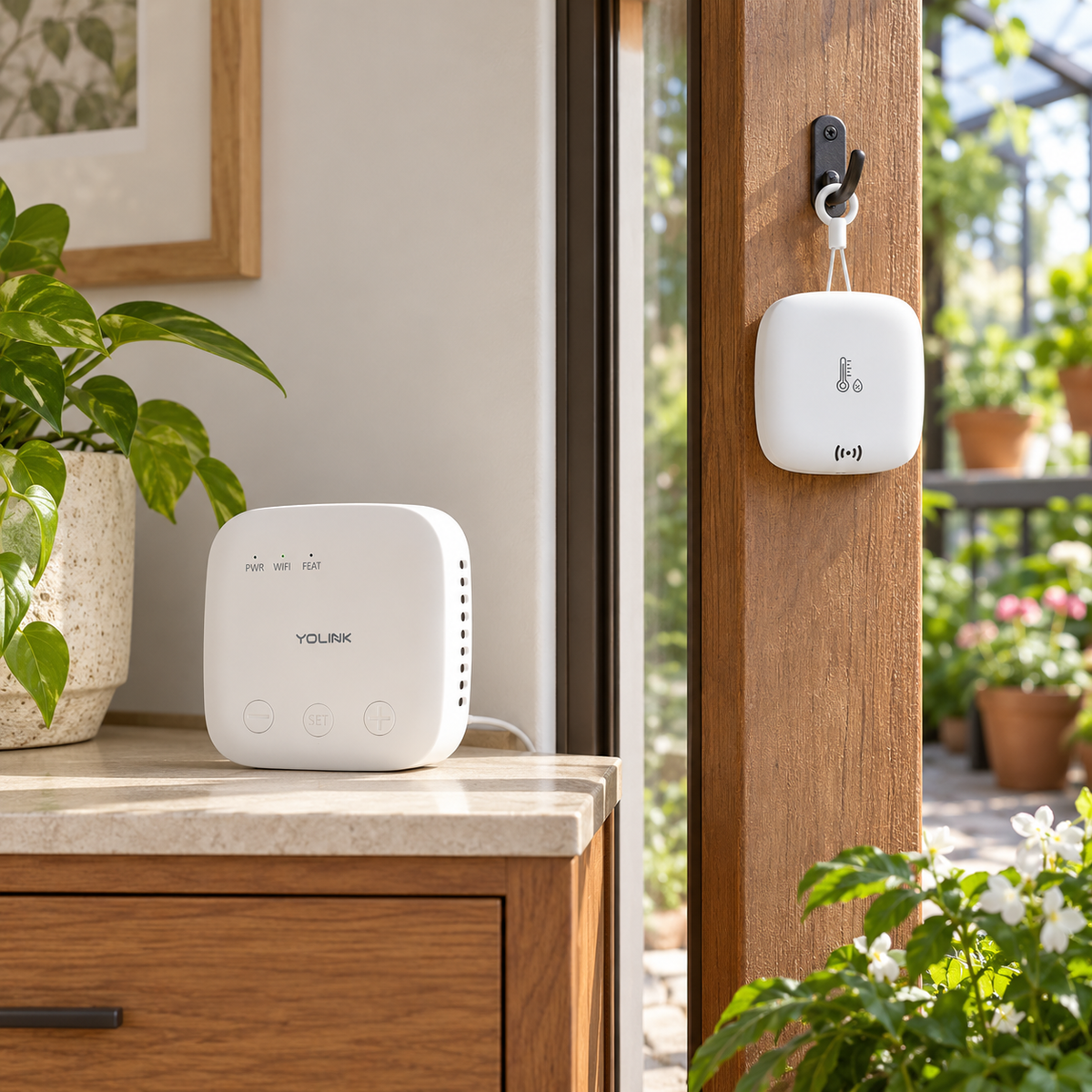 YoLink Weatherproof Temperature & Humidity Sensor Starter Kit — SpeakerHub + 2 Sensors — representative natural-use view