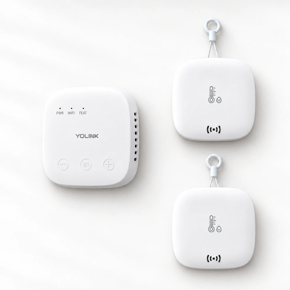 YoLink Weatherproof Temperature & Humidity Sensor Starter Kit — SpeakerHub + 2 Sensors — arranged main components