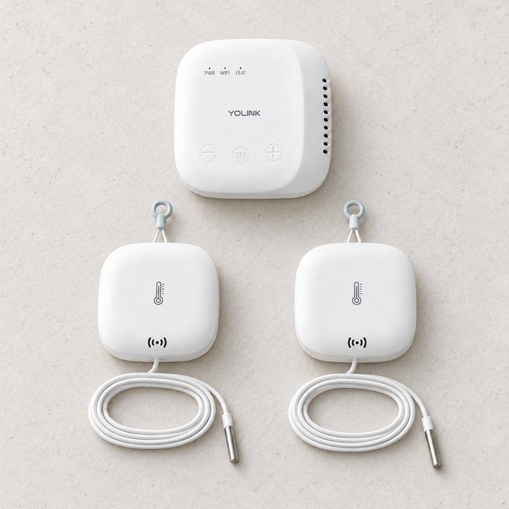 YoLink Weatherproof Temperature Sensor Starter Kit — SpeakerHub + 2 Sensors with Probe — arranged main components