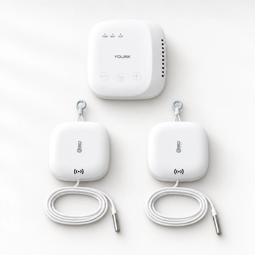 YoLink Weatherproof Temperature Sensor Starter Kit — SpeakerHub + 2 Sensors with Probe — arranged main components