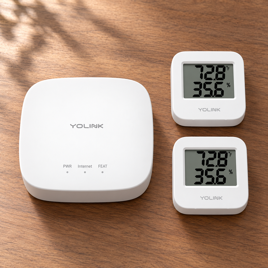 YoLink Temperature & Humidity Sensor Starter Kit — arranged main components