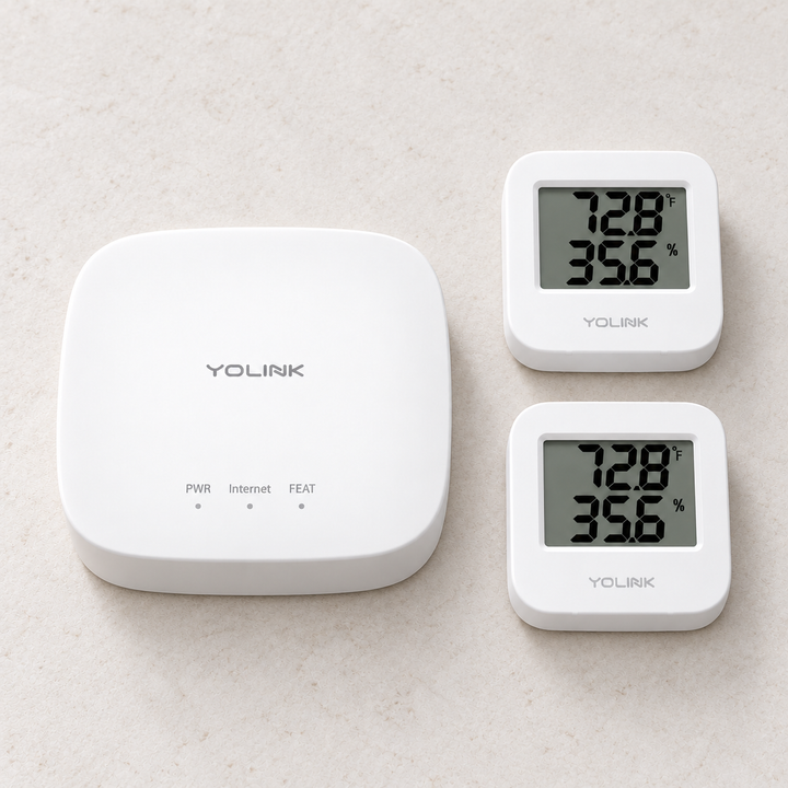 YoLink Temperature & Humidity Sensor Starter Kit — arranged main components