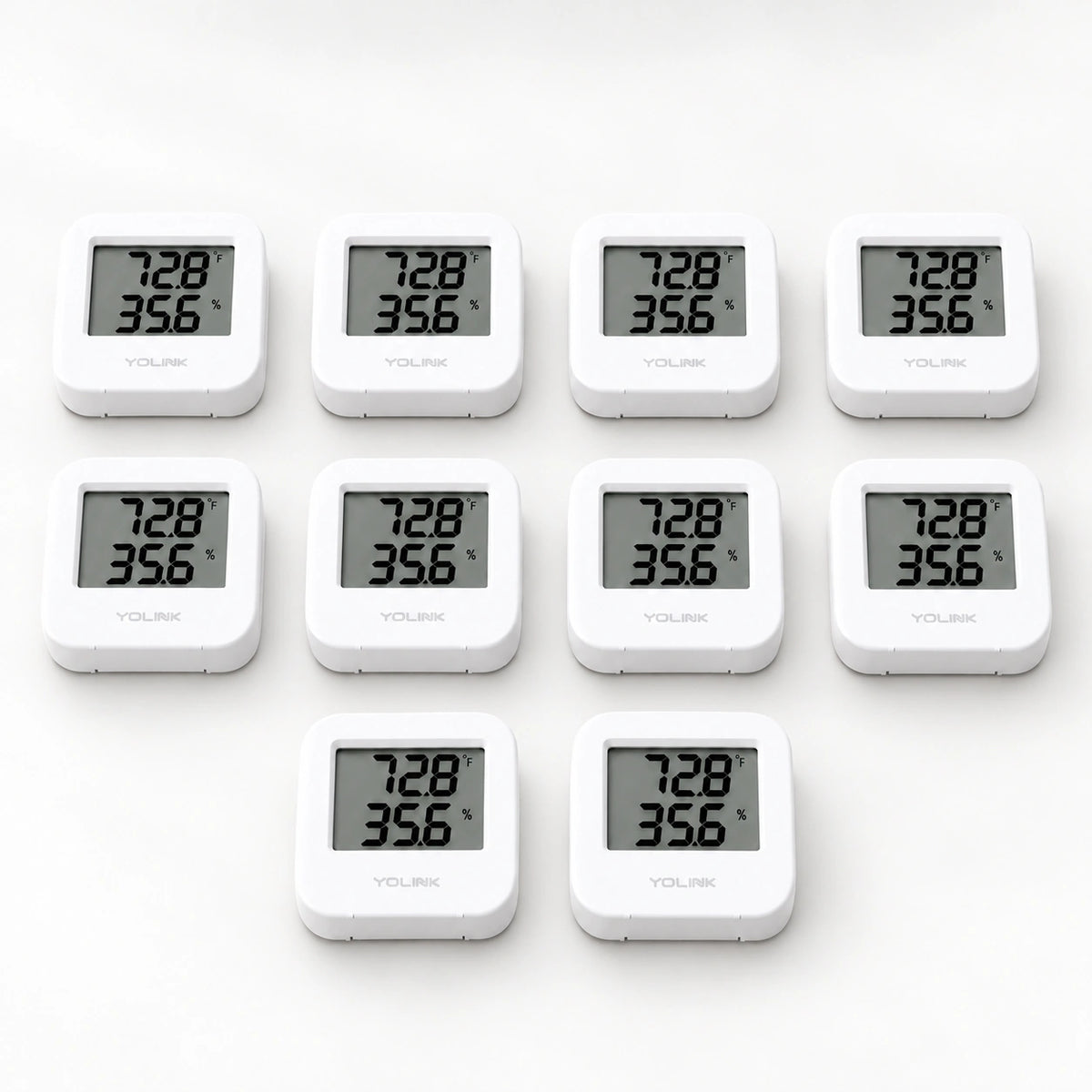 YoLink Temperature & Humidity Sensor, 10-Pack — product-only photograph on smooth neutral off-white with soft diffused daylight shadows